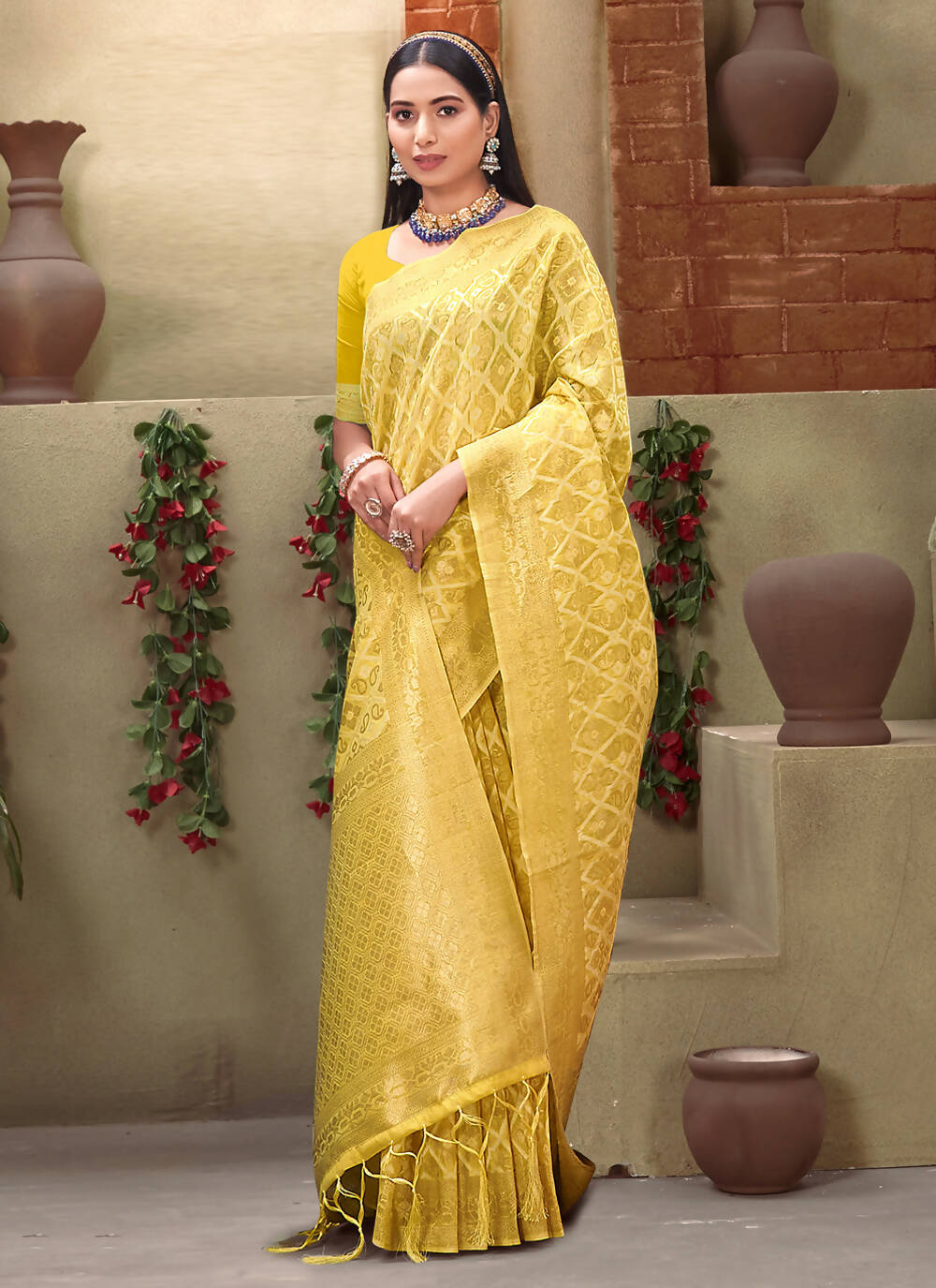 Yellow Cotton Zari Woven Design Saree with Unstitched Blouse Piece - Aachal - Distacart
