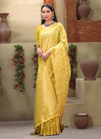 Thumbnail for Yellow Cotton Zari Woven Design Saree with Unstitched Blouse Piece - Aachal - Distacart