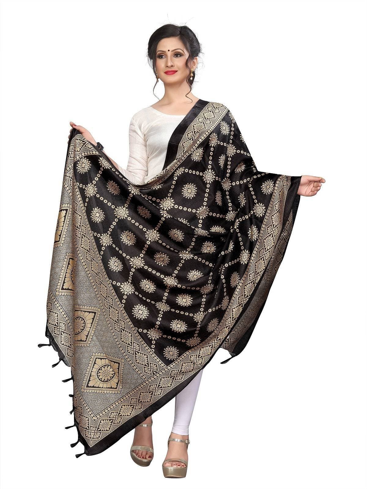 Vamika Latest Fashion Black Printed Khadi Bhagalpuri Dupatta