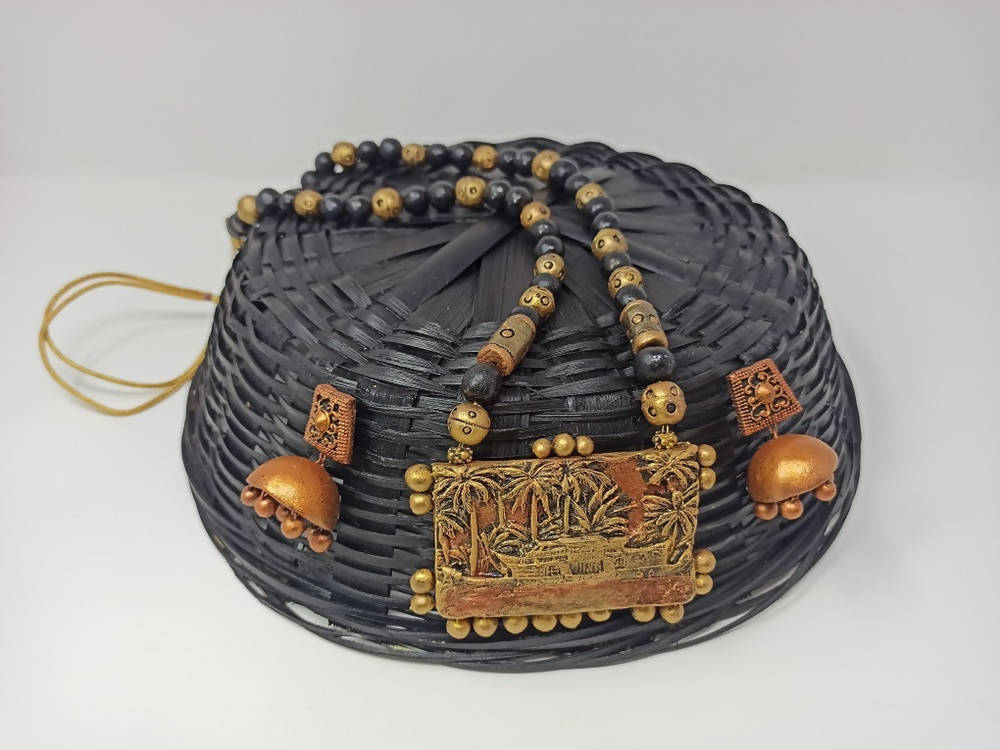 Terracotta Kerala Style Mansion Boat Pendant Long Necklace Set With Temple Earrings