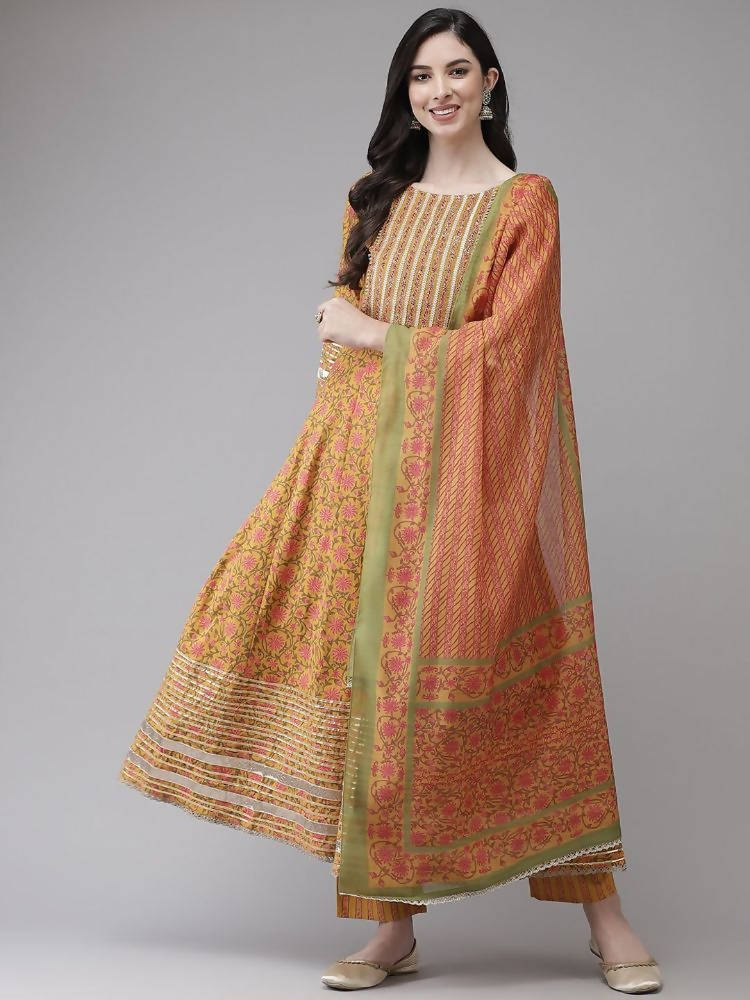 Yufta Yellow Printed kurta with Trouser Dupatta Set