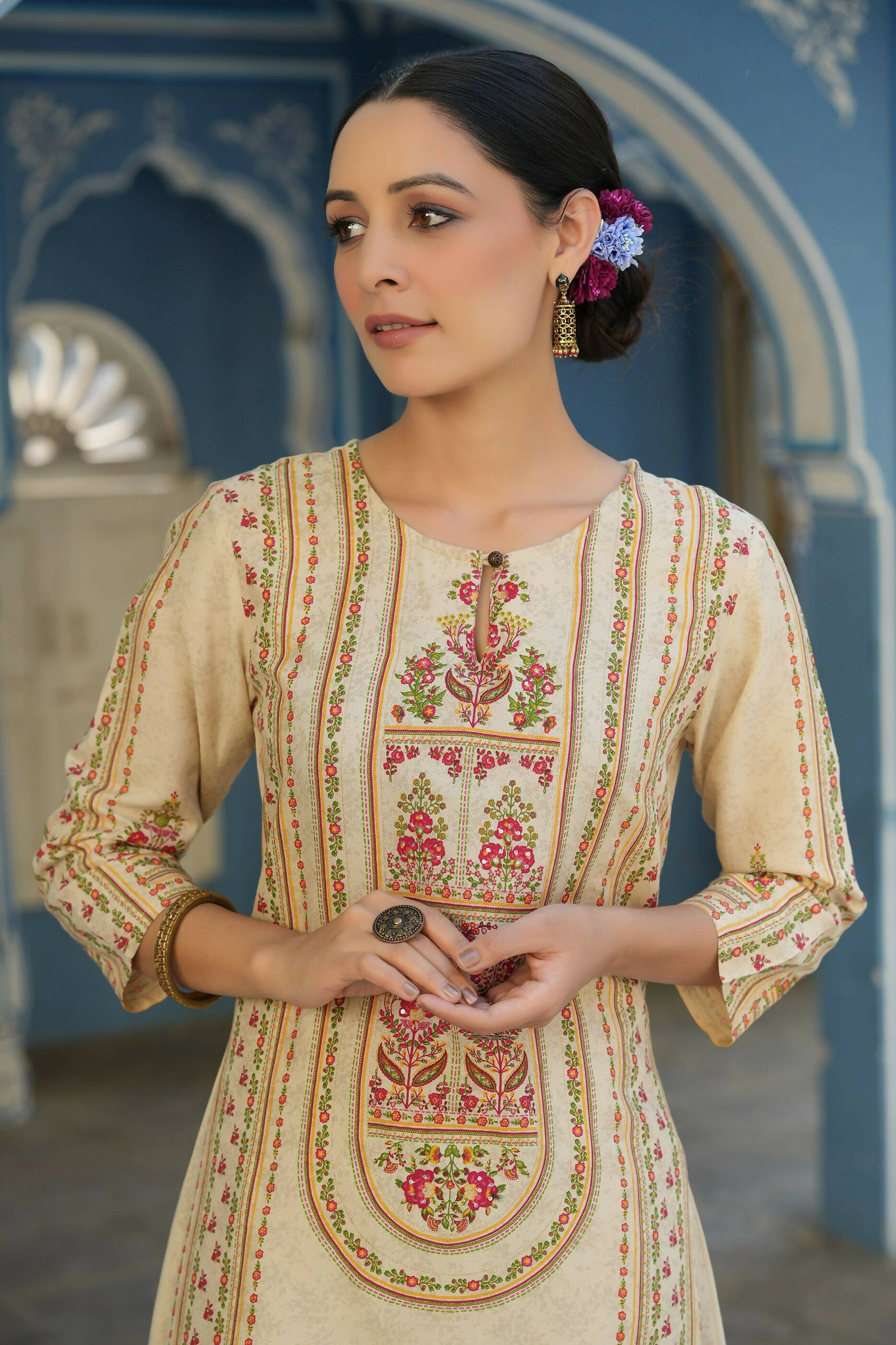 Juniper Women's Cream Rayon Staple Placement Printed A-Line Kurta - Distacart