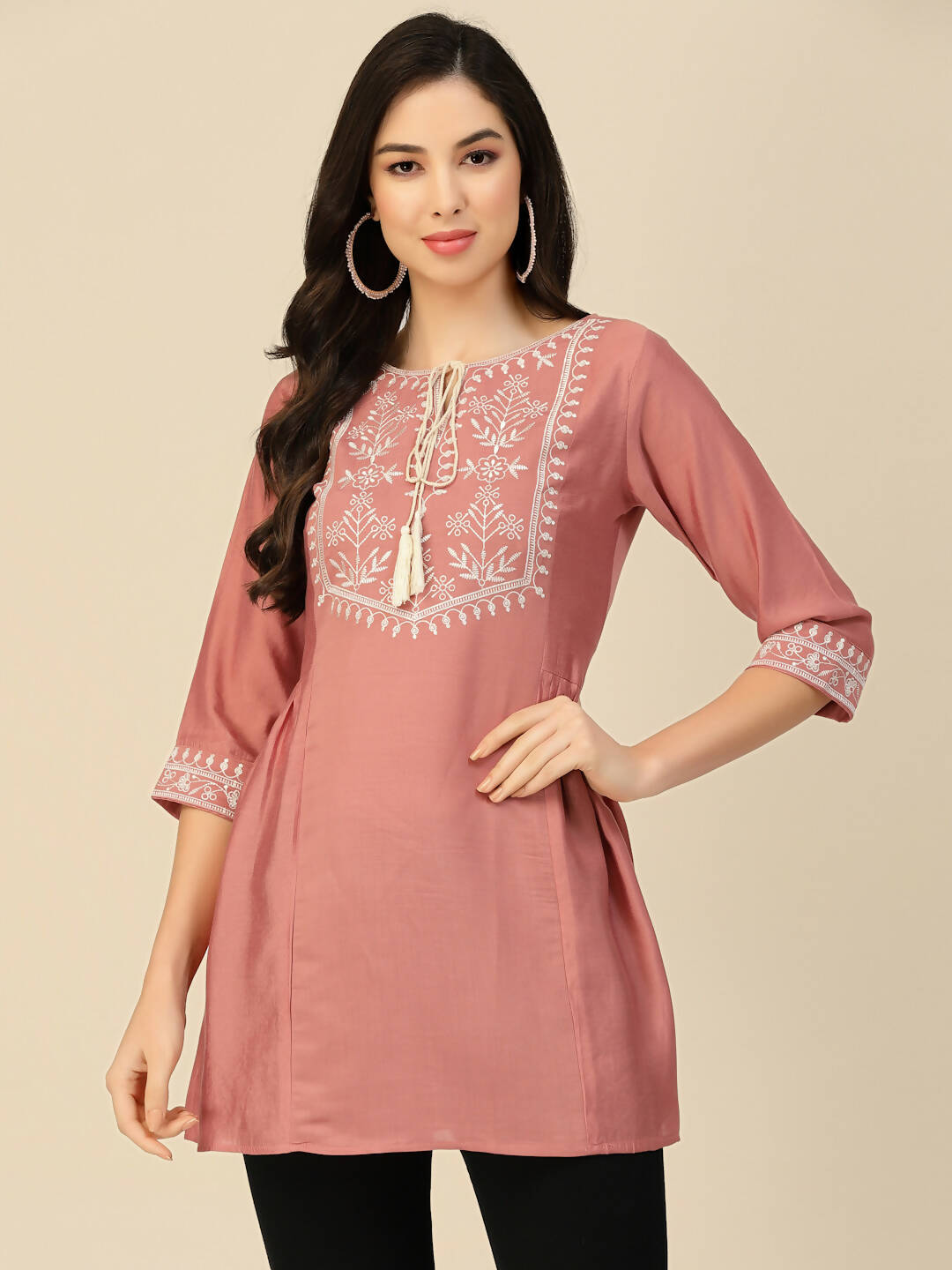 Peach Chinon Slub Floral Embroidered Top - Zeny - Distacart