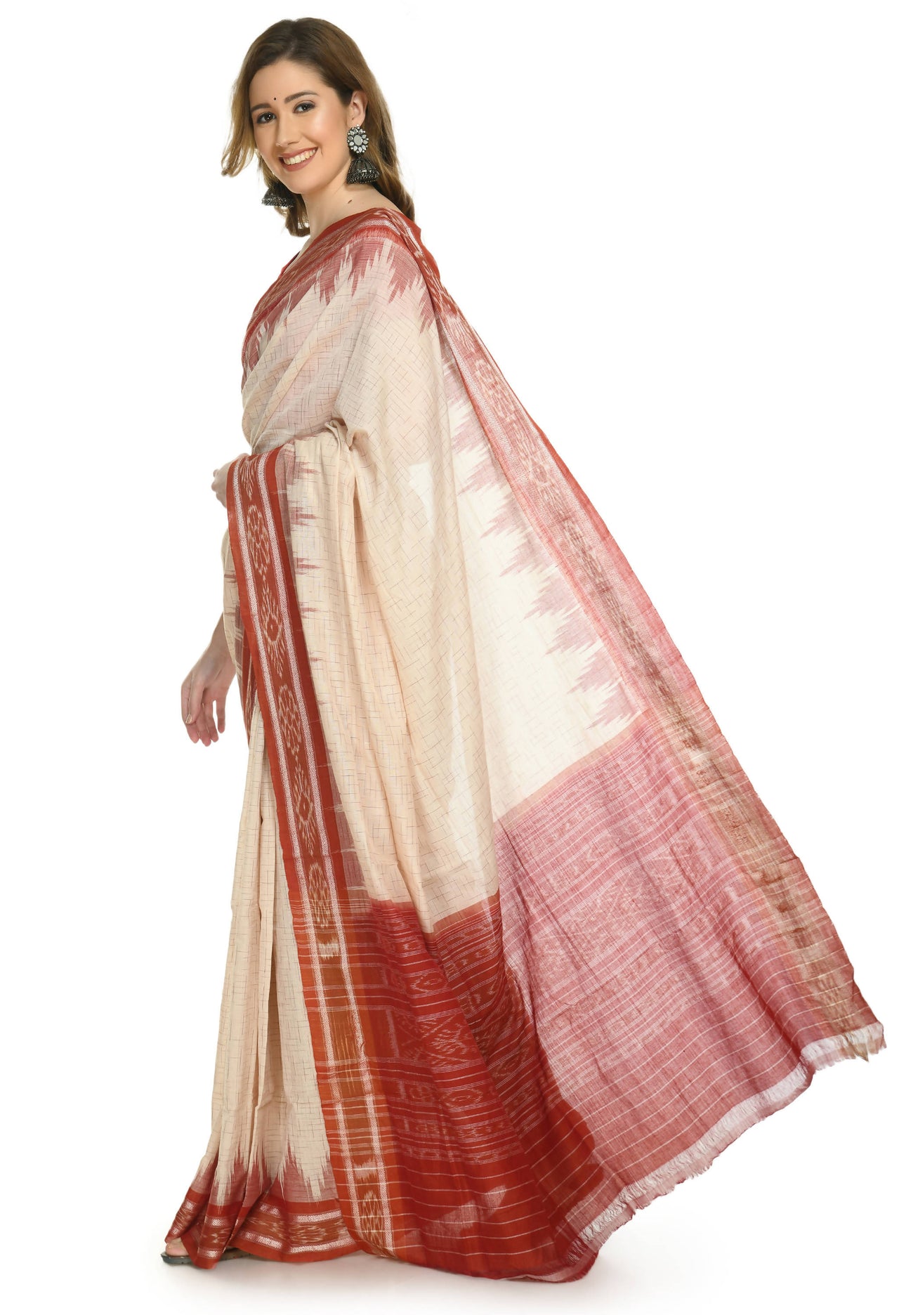 Vamika Sambalpuri Ikat Cotton Jharana Tasrite & Maroon Saree - Distacart