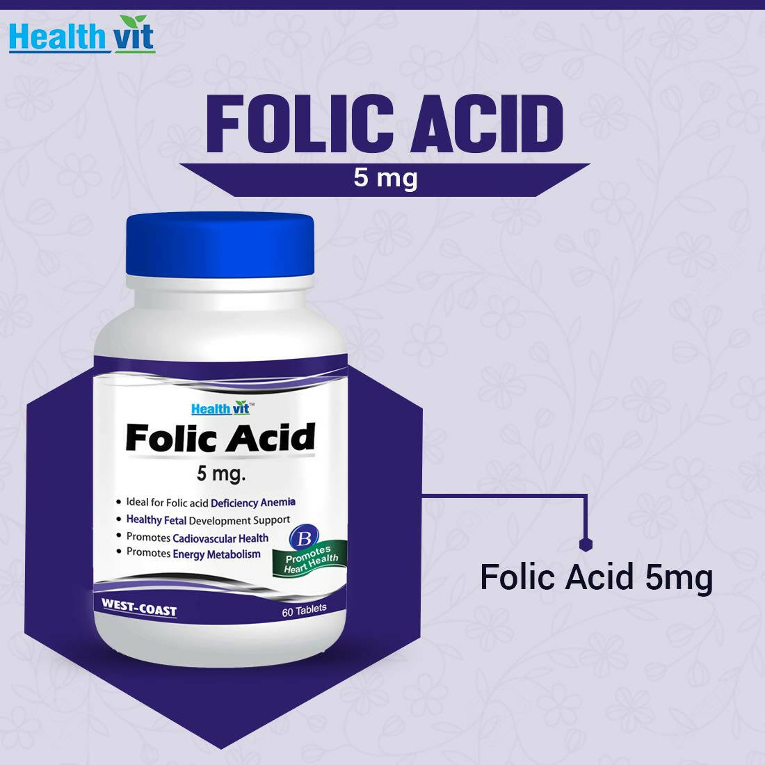 Healthvit Folic Acid 5mg Tablets for Folic acid - Distacart