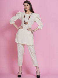 Thumbnail for Women Republic Off White Cotton Flex Kurta With Attached Necklace And Pants - Distacart