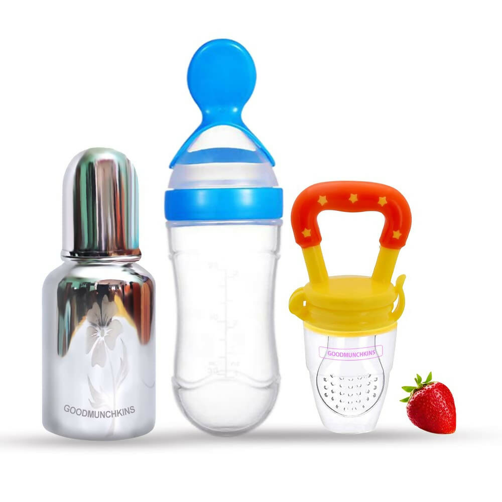 Goodmunchkins Stainless Steel Feeding Bottle, Food Feeder & Fruit Feeder Combo for Baby-(Blue-Yellow, 150ml) - Distacart