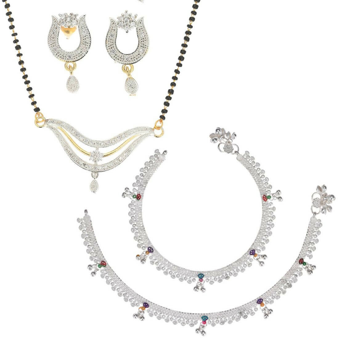 AanyaCentric Gold-plated Mangalsutra Pendant Earring Set & Silver Plated Anklet - Distacart