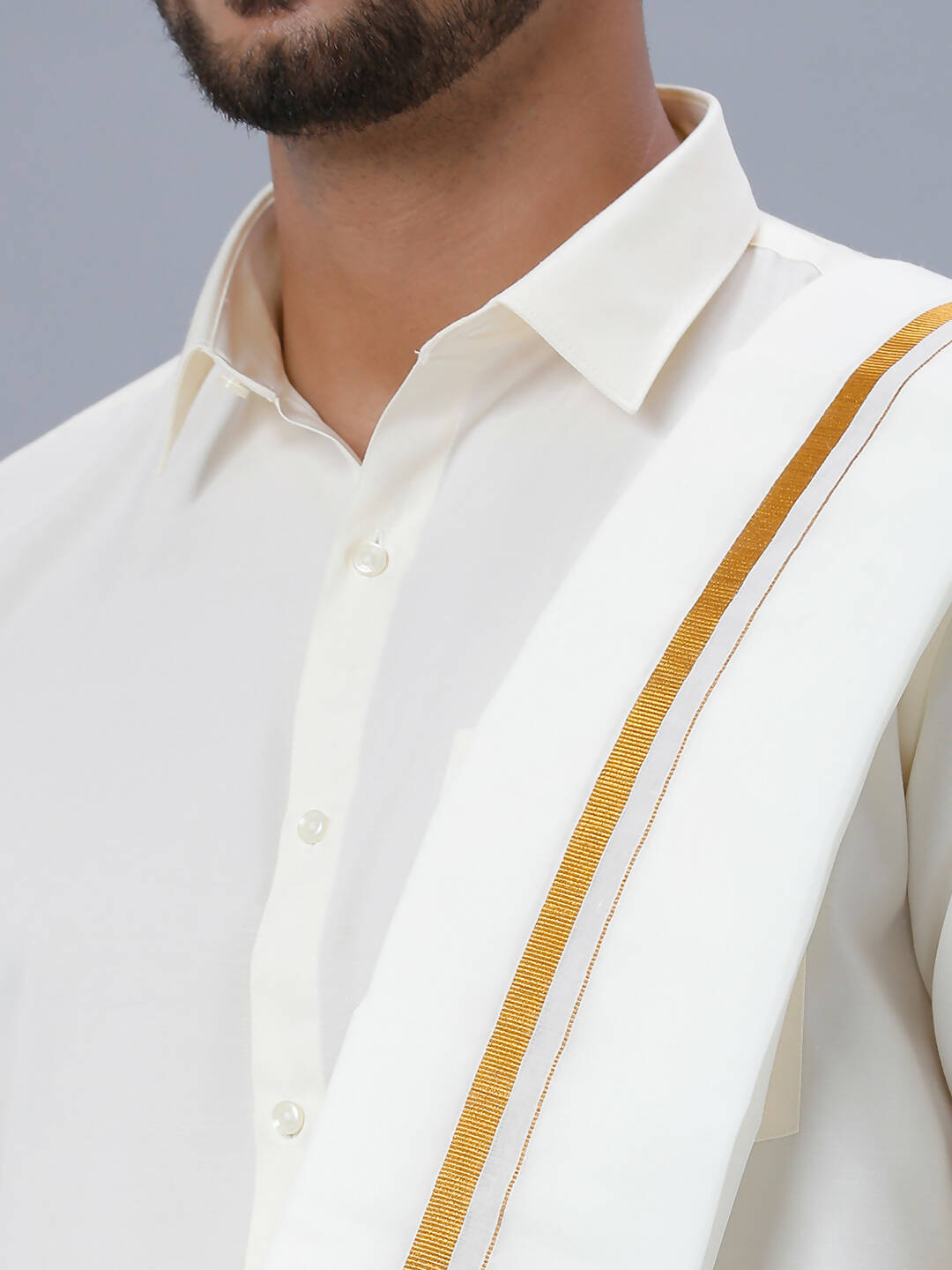 Ramraj Cotton Mens Wedding Set Cream Regular Dhoti, Shirt & Towel Arathi 1/2" - Distacart