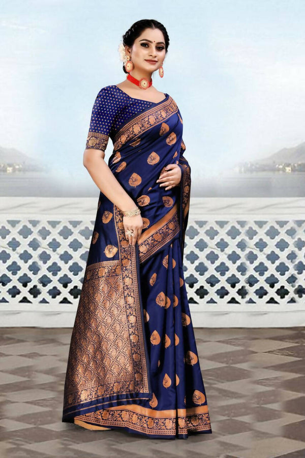 DEIANA'S Beautiful Golden Jari with New Design Soft Lichi Silk Saree - Blue - Distacart