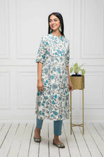 Thumbnail for Myshka Women Multi Floral Cotton A-Line Mandarin Collar Kurtas - Distacart