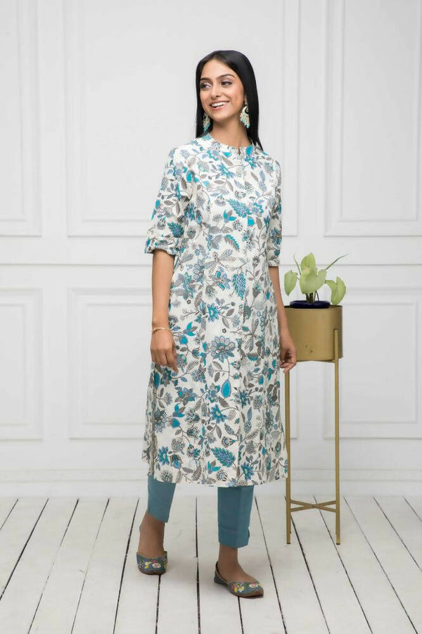 Myshka Women Multi Floral Cotton A-Line Mandarin Collar Kurtas - Distacart