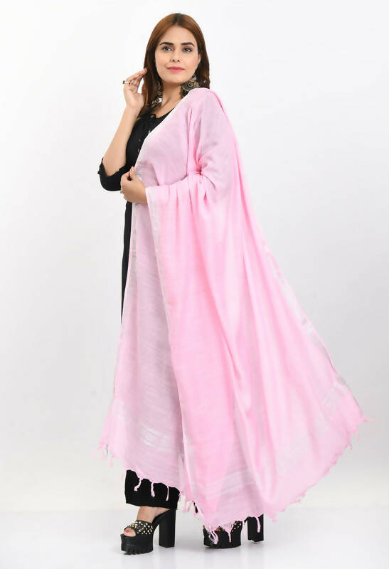Mominos Fashion Moeza Women's Linen Cotton Silver Border Baby Pink Dupatta - Distacart