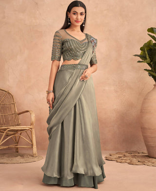 Green Satin Embroidered Ready To Wear Saree With Unstitched Blouse Piece - Nandika - Distacart
