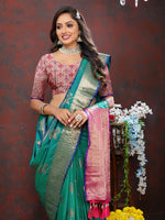 Thumbnail for Lorenvalley Fashion Teal Soft Silk Woven Design Zari Weaving Saree - Distacart