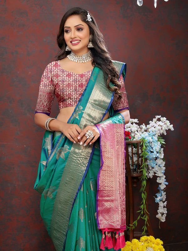 Lorenvalley Fashion Teal Soft Silk Woven Design Zari Weaving Saree - Distacart