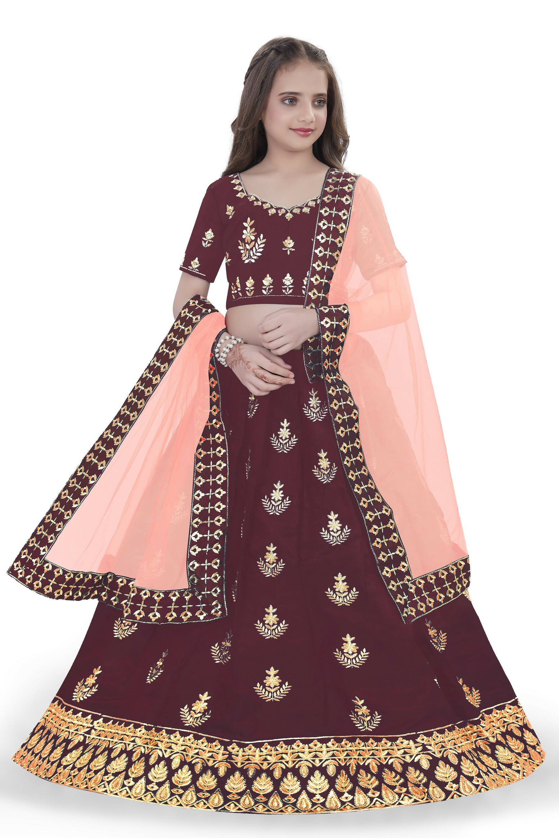 Dwiden Maroon Kamal Tafetta Sattin Semi-Stitched Girl's Lehenga Choli - Distacart