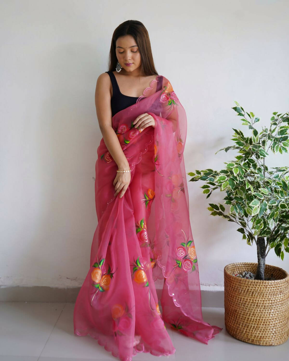 Vastrasky Pink Organza Saree - Distacart