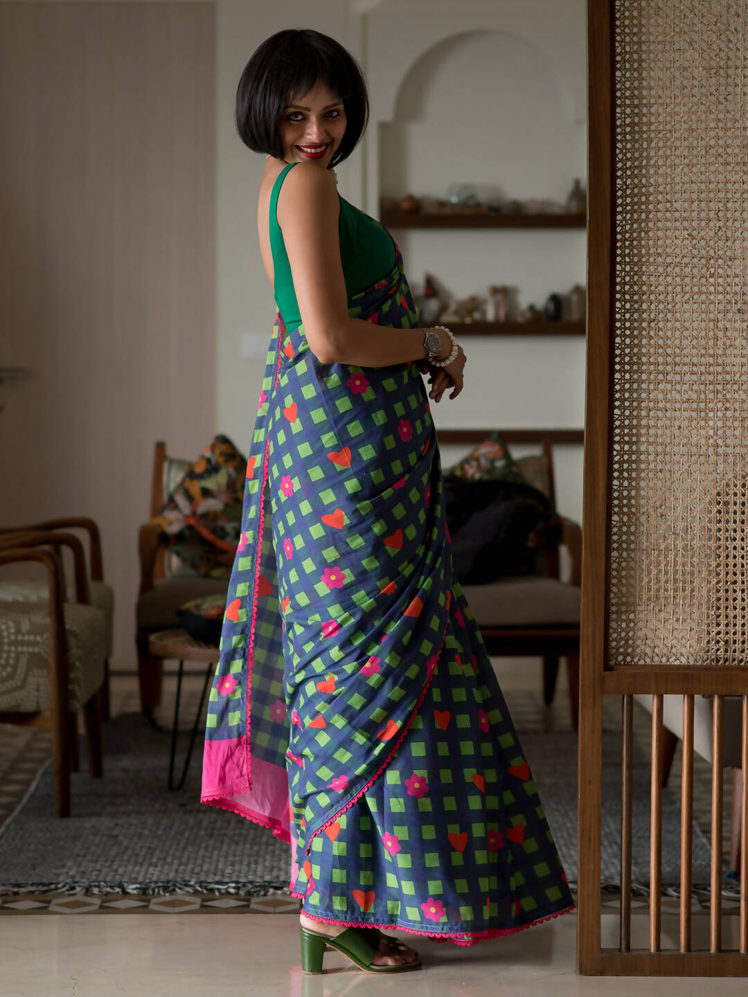 Suta Multi Color Checked Pure Cotton Saree - Distacart