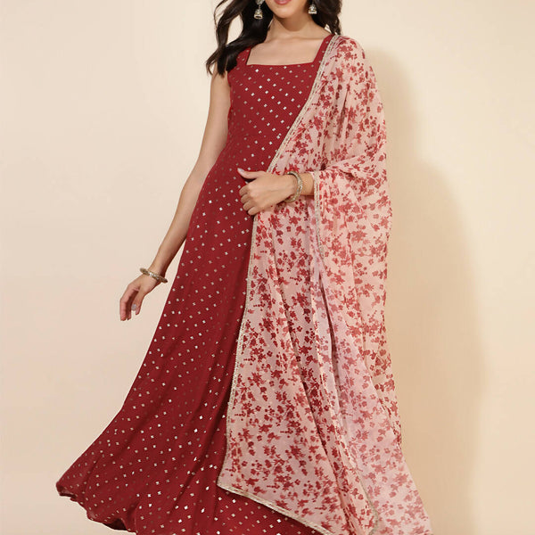 Janasya Women's Red Georgette Foil Printed Festive Anarkali Kurta Set - Distacart