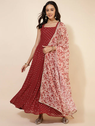 Janasya Women's Red Georgette Foil Printed Festive Anarkali Kurta Set - Distacart