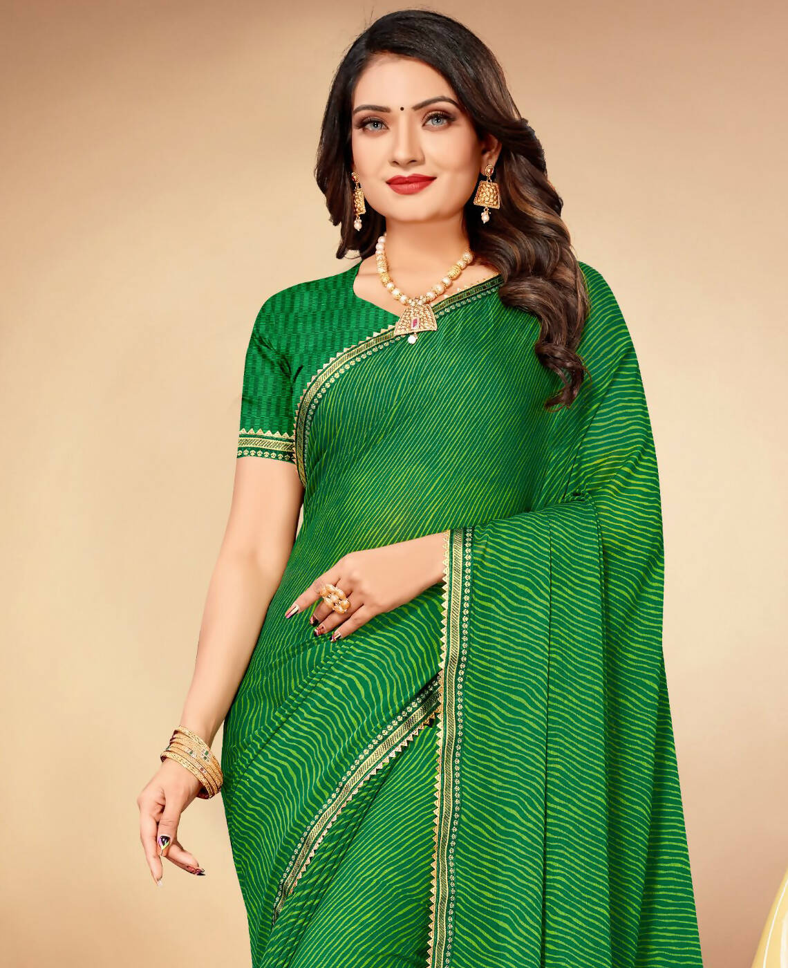 Green Chiffon Leheriya Printed Saree With Unstitched Blouse Piece - Swarna - Distacart