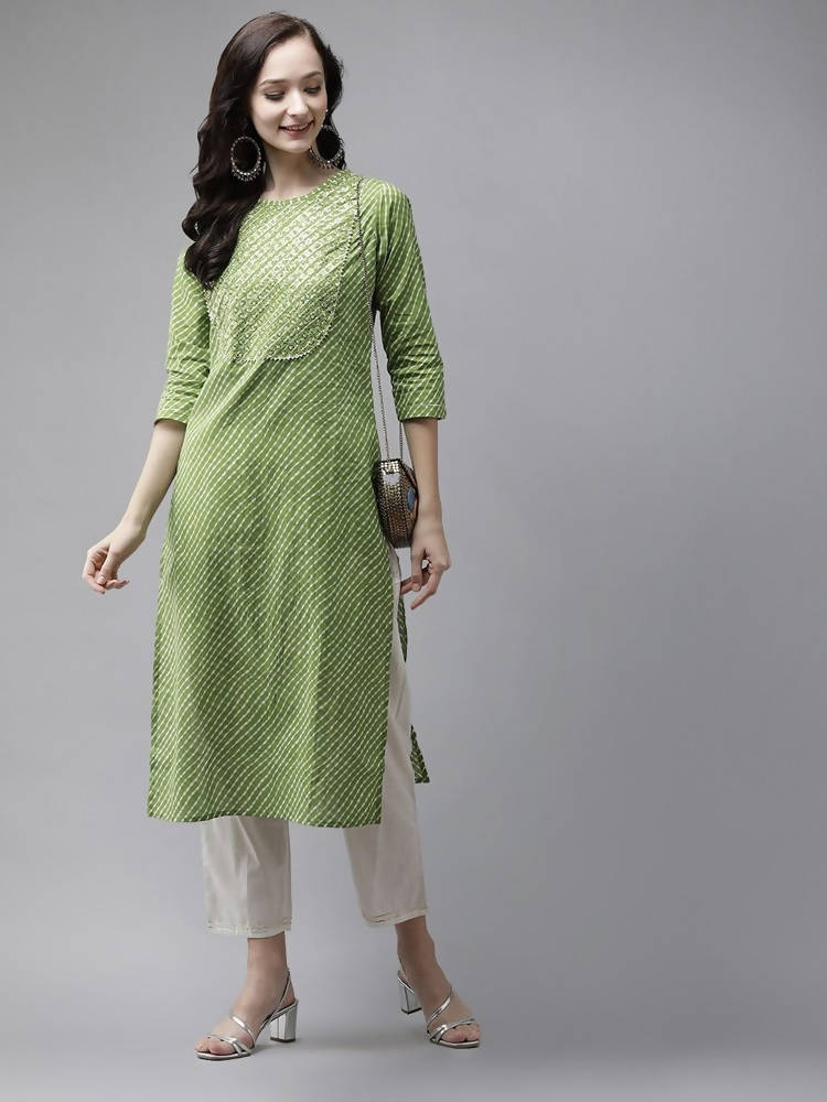 Yufta Women Green And White Bandhani print Kurta with Trouser Set