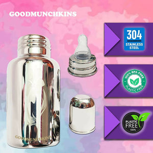 Goodmunchkins Stainless Steel Feeding Bottle with Bottle Cleaning Brush/Chakku/Anti Colic Silicone Nipple Combo-(150ml,Pink) - Distacart