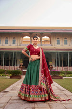 Thumbnail for Green Lehenga Choli Set for Women Tussar Silk Lengha with Foil Printed by Infinity Export - Distacart