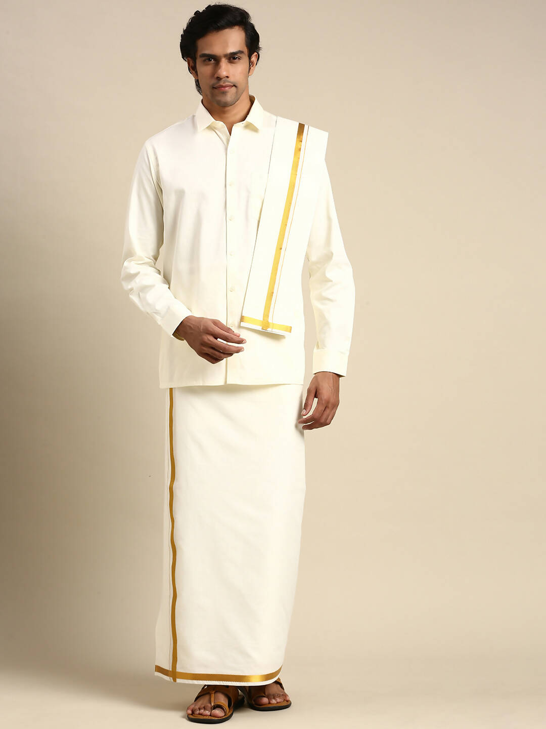 Ramraj Cotton Premium Wedding Cream Regular Dhoti, Shirt & Towel Set Golden Reward - Distacart