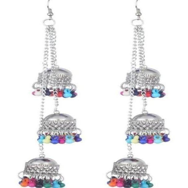 Muskan Fancy Oxidized Silver triple With Multi color Pearl jhumki Long Earrings