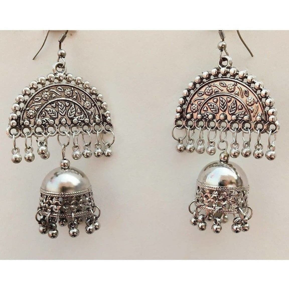 Half Moon Silver Oxidized Jhumka Pearl Tassel Earrings