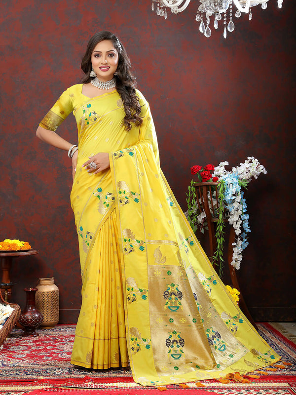 Lorenvalley Fashion Yellow Soft Paithani Silk Woven Design Gold Zari Meenakari Weaving Saree - Distacart