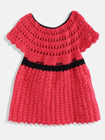 Thumbnail for Chutput Kids Woollen Hand Knitted Short Sleeves Flower Detail Dress - Pink - Distacart