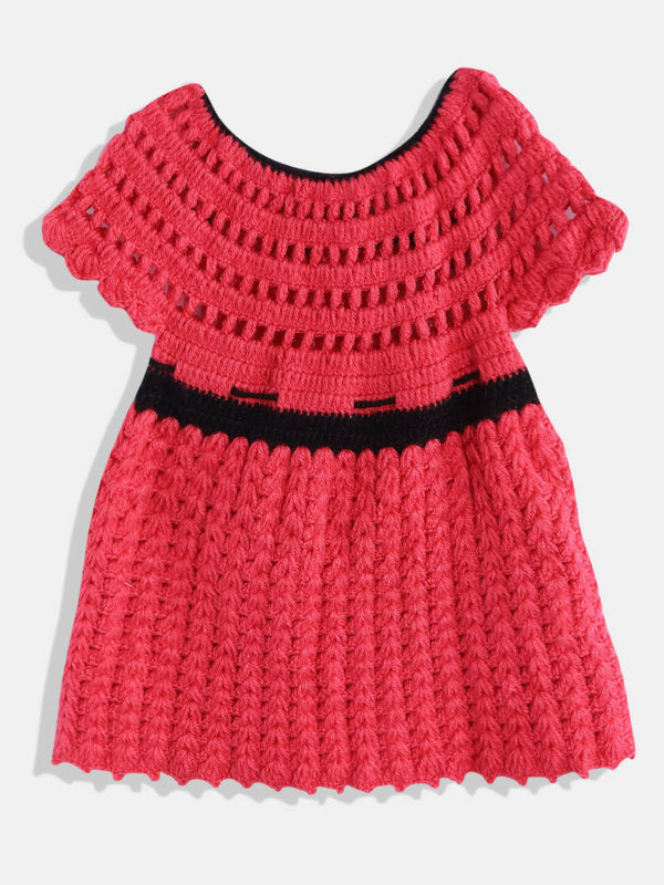 Chutput Kids Woollen Hand Knitted Short Sleeves Flower Detail Dress - Pink - Distacart