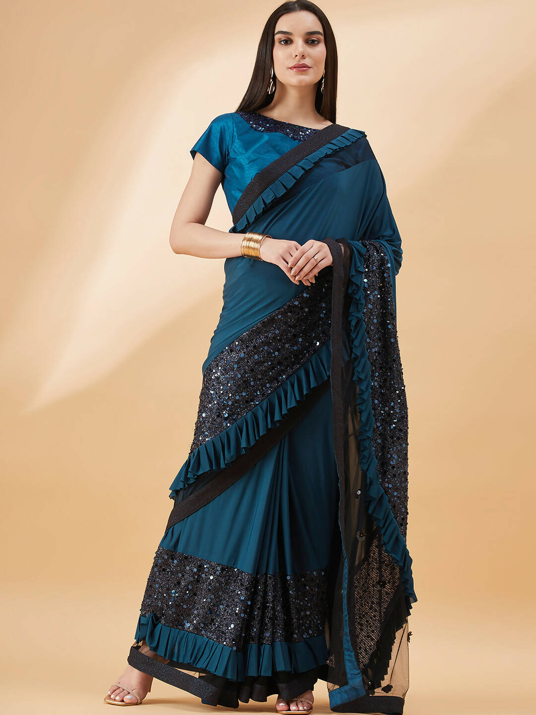 Peacock Blue Lycra Sequins Fabric. Frill Details, Handwork Buttis Saree - Norita Hit Design - Distacart