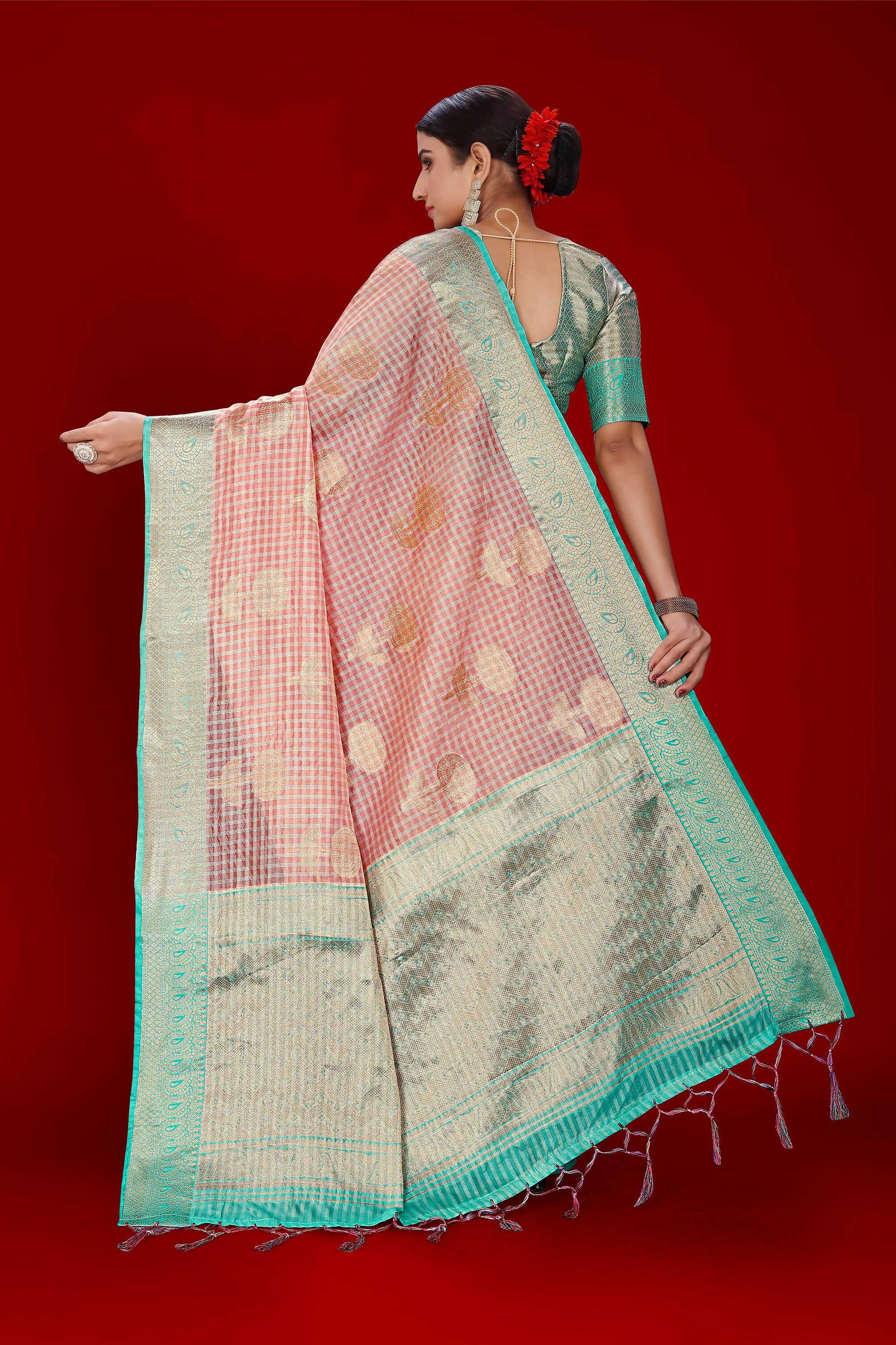 Pink Soft Organza Woven Design Saree With Unstitched Blouse Piece - Zaara - Distacart