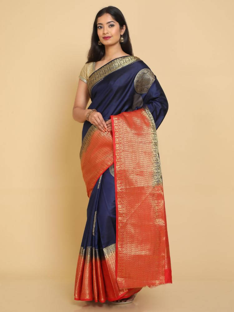 Kalamandir Woven Design Navy Blue Silk Blend Saree