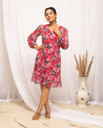 Thumbnail for FIORRA Women's Red & Pink Georgette Floral Printed Western Dress - Distacart