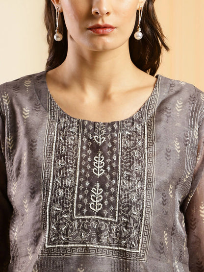 Grey Chinon Digital Printed With Hand Work Kurta - Himanshi - Distacart