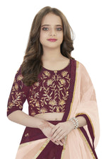 Thumbnail for Dwiden Maroon Rohini Tafetta Sattin Semi-Stitched Girl's Lehenga Choli - Distacart