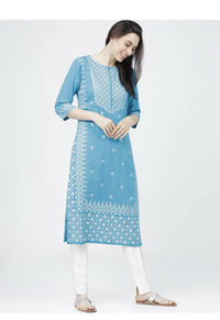 Thumbnail for Cheera Embellished Daily Wear Cotton Blend Kurta - Sky Blue - Distacart