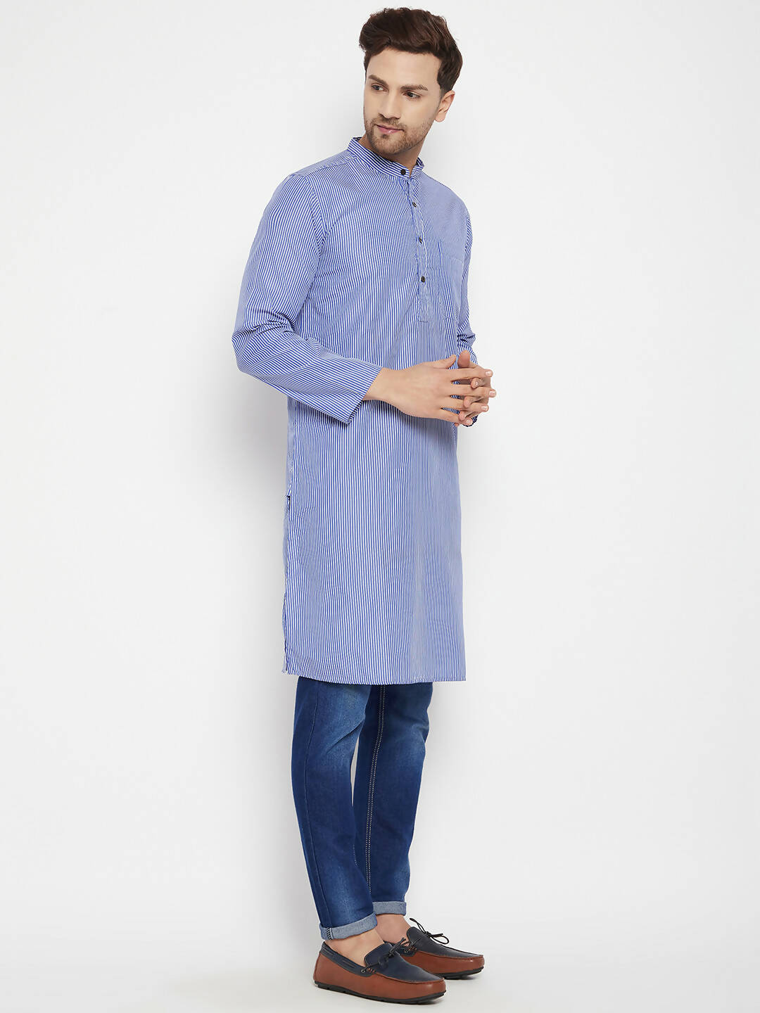 Even Apparels Blue Pure Cotton Long Men's Kurta With Band Collar - Distacart
