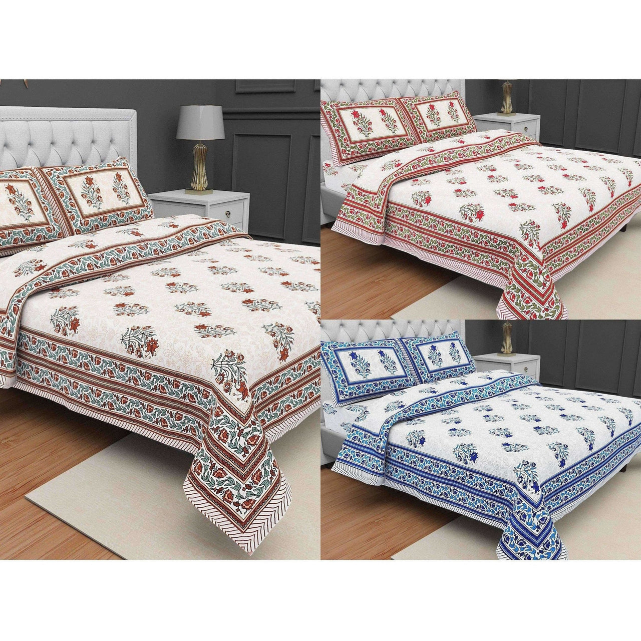 Jaipuri Hand Printed Floral 144TC Cotton DoubleQueen Bedsheet with 2 Pillow Covers - Distacart