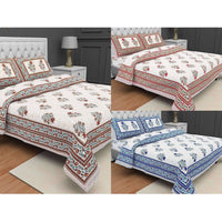 Thumbnail for Jaipuri Hand Printed Floral 144TC Cotton DoubleQueen Bedsheet with 2 Pillow Covers - Distacart