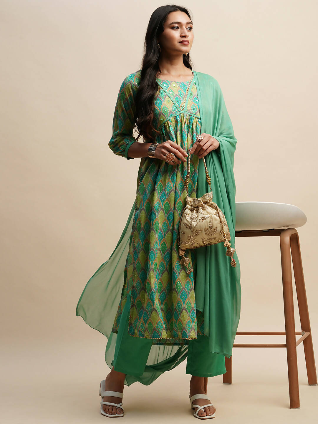 Sea Green Pure Cotton Bandhani Printed Naira Cut Kurta And Bottom With Dupatta - Akashara - Distacart