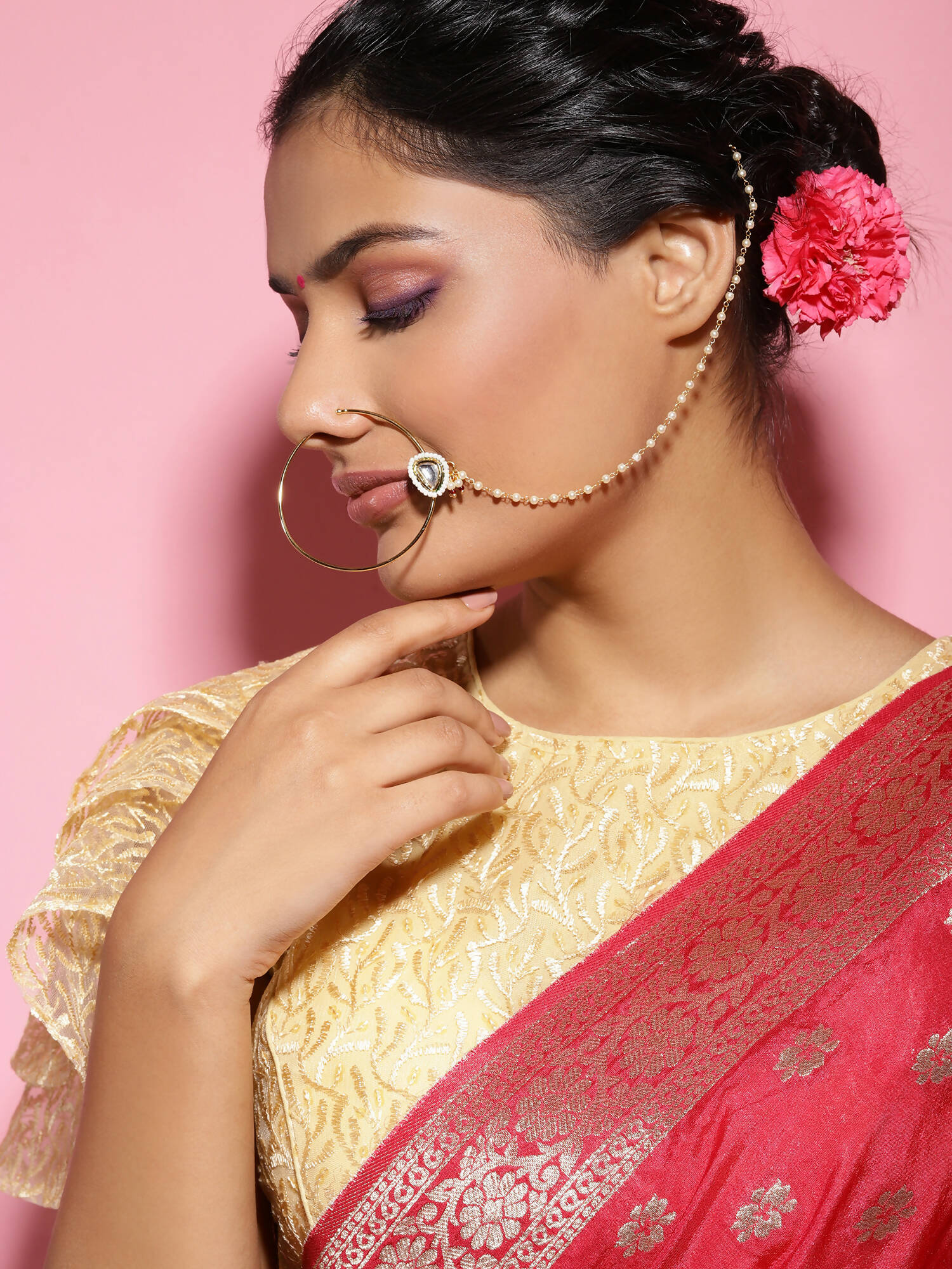 Gold Plated White Kundan Studded Nose Pin With Beaded Extension - Ruby Raang - Distacart