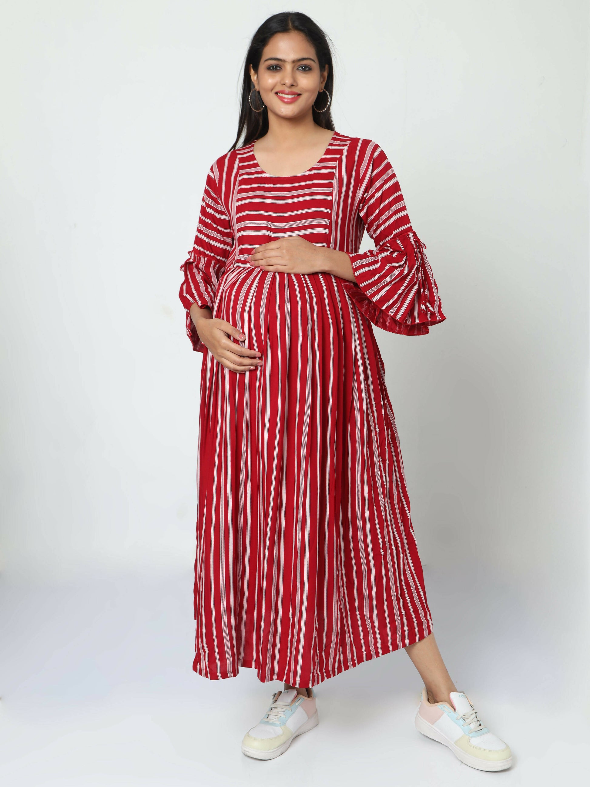 Manet Three Fourth Maternity Dress With Concealed Zipper Nursing Access - Red - Distacart
