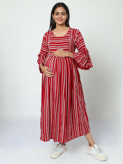 Manet Three Fourth Maternity Dress With Concealed Zipper Nursing Access - Red - Distacart