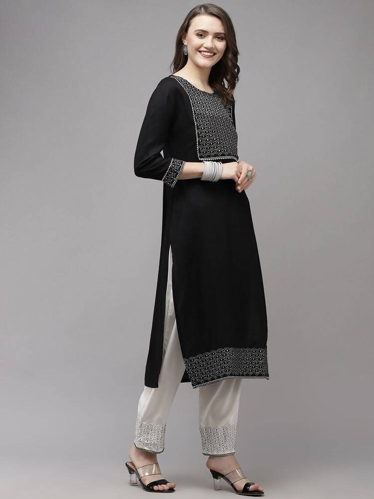Yufta Women Black Yoke Design Regular Sequinned Kurta with Palazzo & With Dupatta